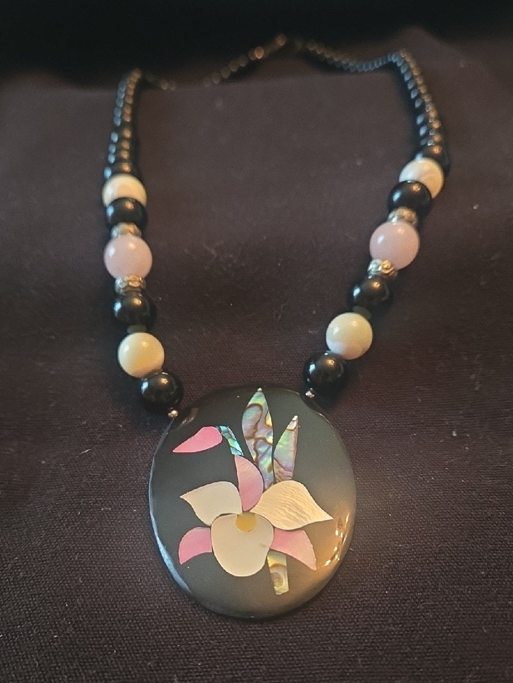 Lee Sands Inlaid Mother Of Pearl Floral Pendant Necklace - Pink, White & Black